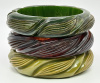 BB463 green & rooter leaf carved bakelite bangles